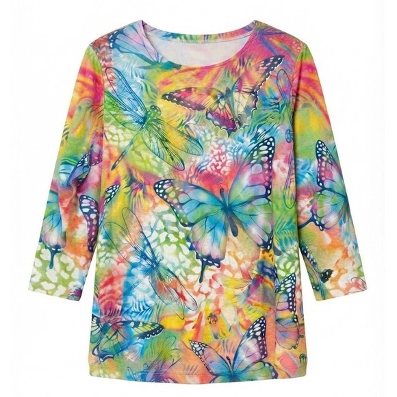 Ali Miles Tops - Ali Miles Womens 2X Rainbow Butterfly Dragonfly 3/4 Sleeve Soft Knit Shirt